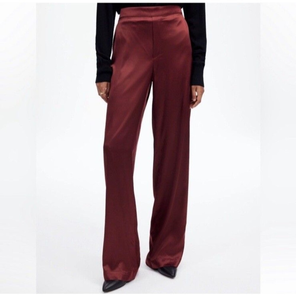 New Madewell Straight Leg Full Length Pull-up Pants in Stretch Satin Red XL